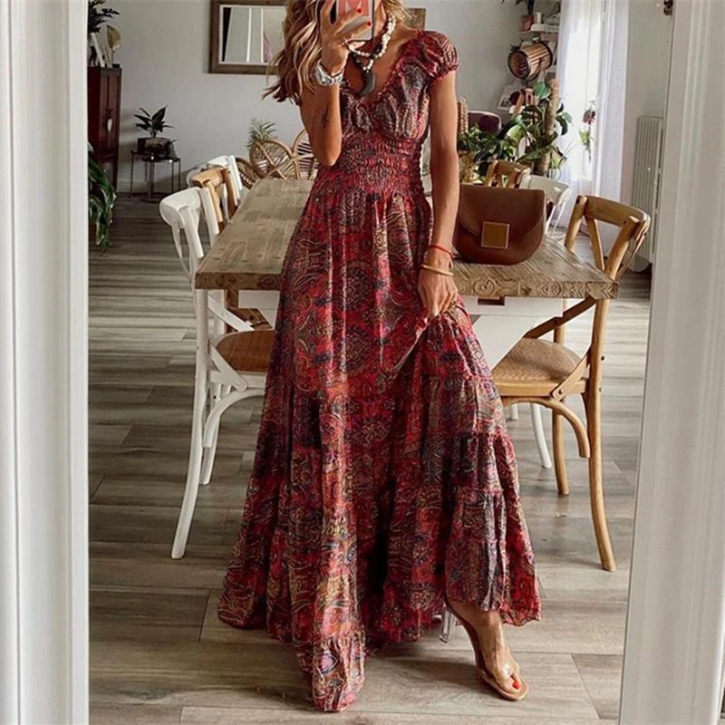 

Boho Summer Maxi Dress Women 2023 Y2K Vintage V Neck Floral Print Long Dresses Holiday Beach Party Casual Female A Line Vestidos