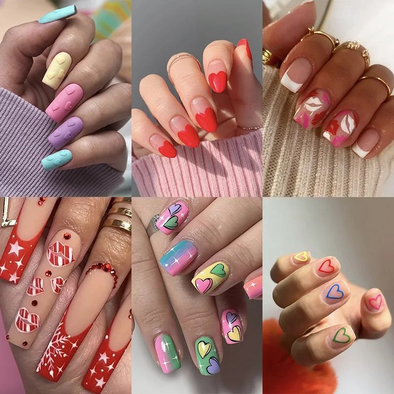 

24Pcs French False Nails Rhinestone Edging Design Valentine Fake Nails Detachable Nail Tips Long Coffin Square Press on Nails