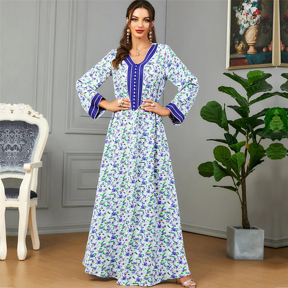 

Summer Abayas Fashion Women Muslim Floral Print Casual Long Maxi Dress Turkey Arabic Dubai Kaftan Eid Mubarak Morocco Party Gown
