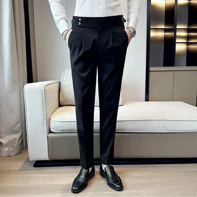 Naples Men Pure High Waist Casual Suit Pants New Belt Design Slim Fit Trousers British Style Business Social Formal Dress Pants images - 6