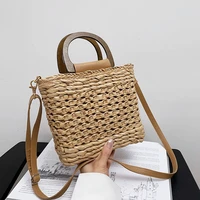 straw bags summer 2022 women tote bags designer handbags purses weave drawstring closure wooden handle beach shoulder bag