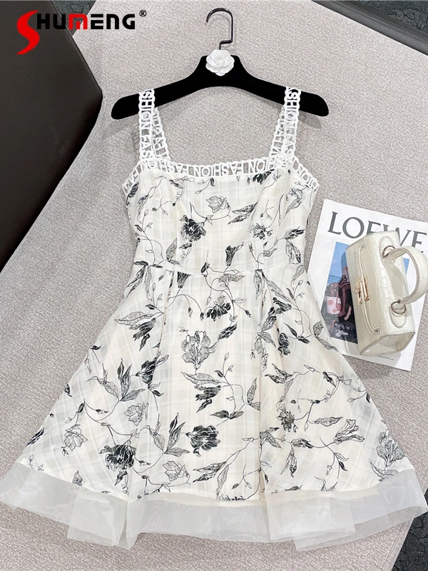 

2022 Summer New Women's Fashion Sexy Slim Waist Above Knee Dress Ladies Simple Elegant Ink Painting Printing Slip A-line Dress