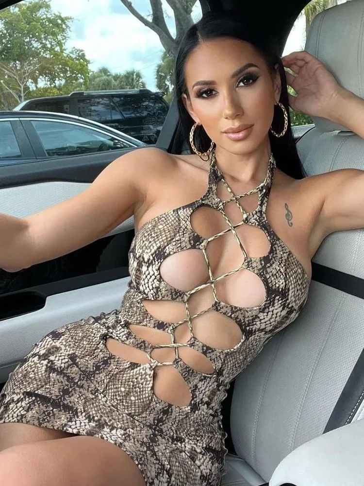 

WeiYao Knit Women Mini Dress Hollow Out Print Halter Sleeveless Bandage Bodycon Sexy Street Party Night Club Female Clothing