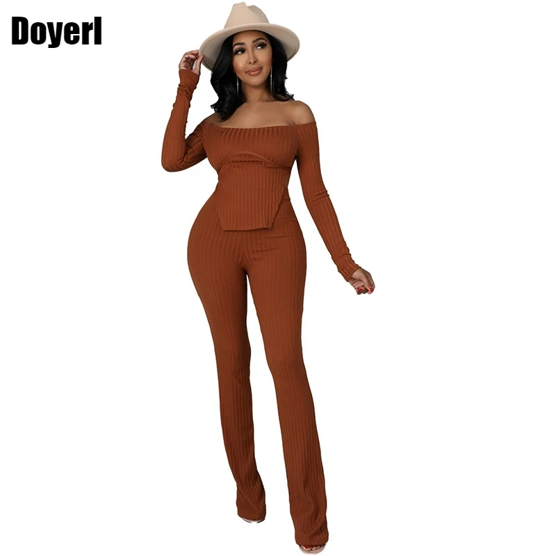 

Off Shoulder Sexy 2 Piece Sets Womens Outfits Ribbed Two Piece Set Long Sleeve Crop Top Leggings Club Birthday Outfits for Women