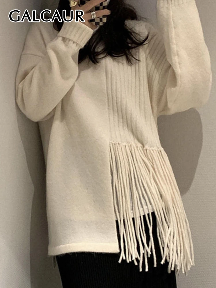

GALCAUR Irregular Hem Solid Sweaters For Women Round Neck Long Sleeve Patchwork Tassels Casual Knitting Pullover Sweater Female
