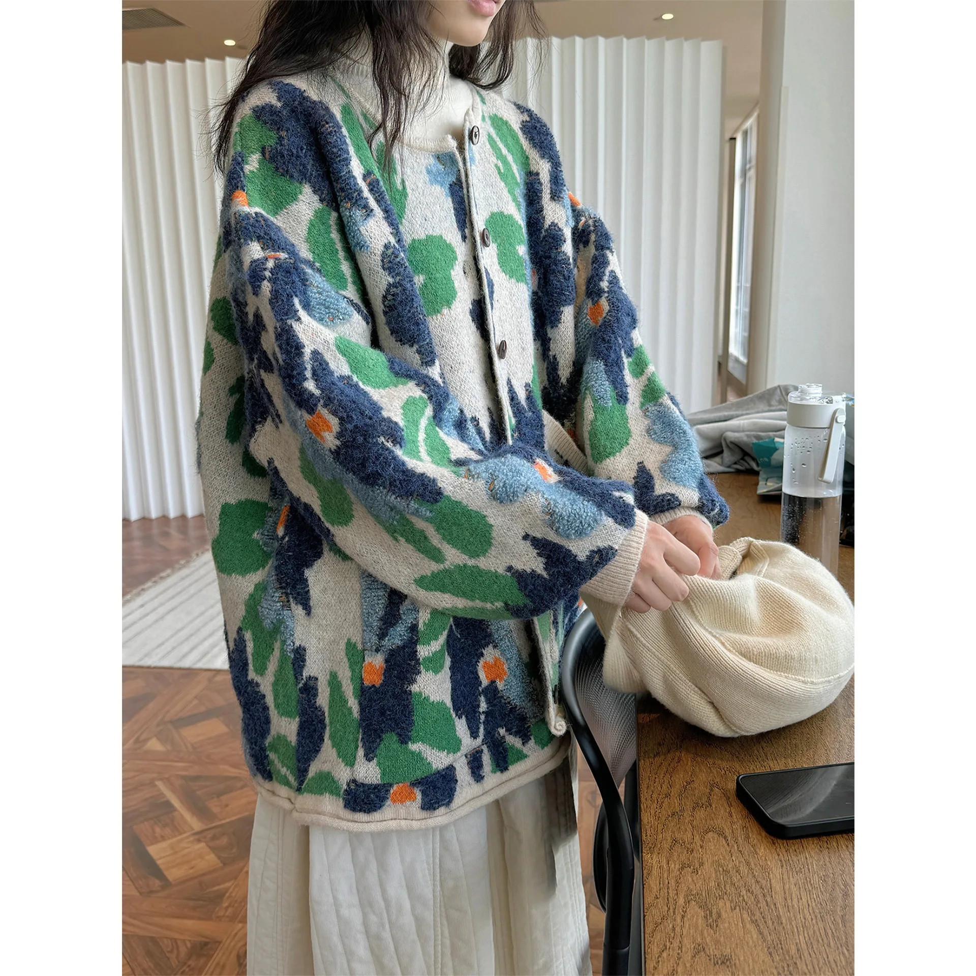 Зимний зеленый шерстяной вязаный кардиган с цветочным принтом для женщин топ