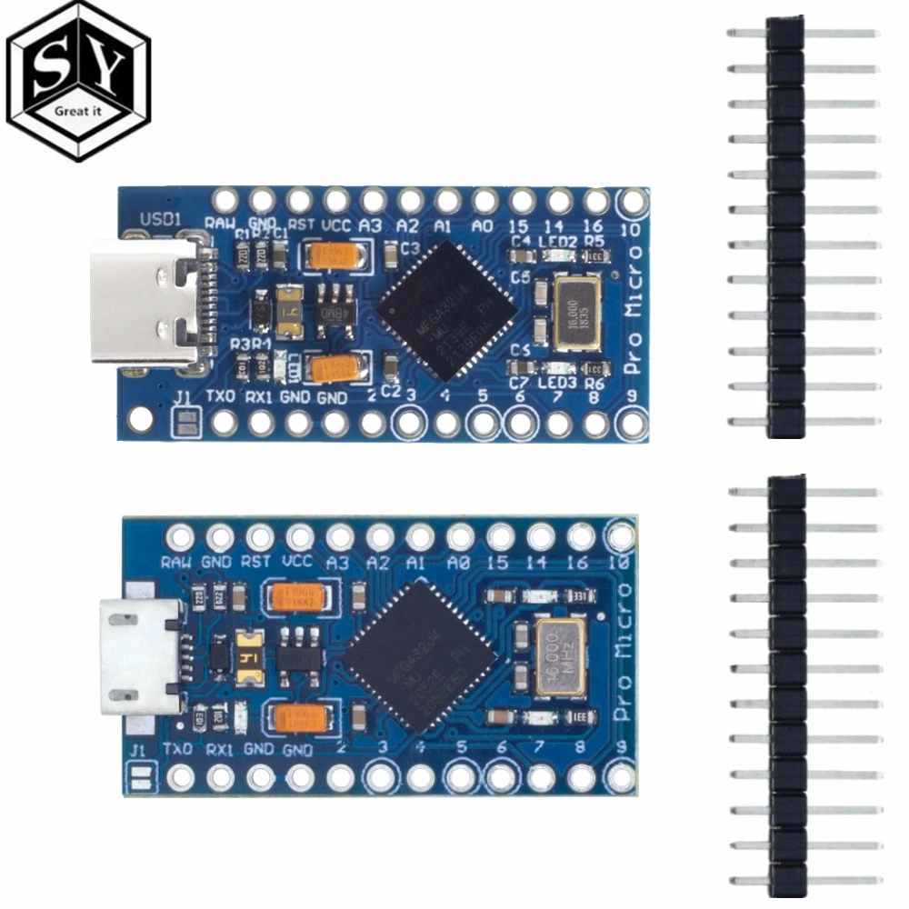 Сменный ATmega32U4 Pro Micro 5 в 16 МГц для Arduino TYPE-C с 2-рядным контактным разъемом Leonardo Mini Usb