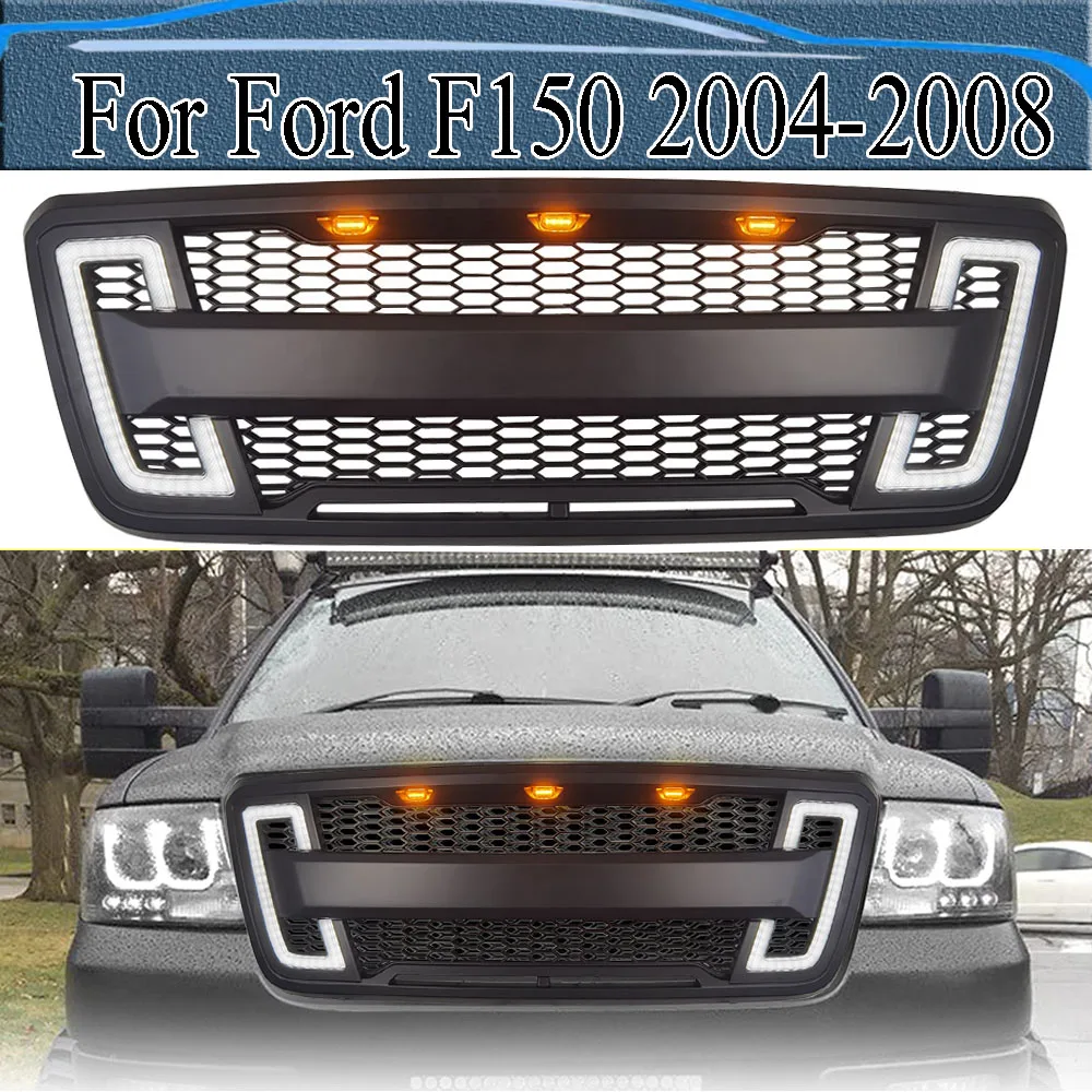 

For Ford F150 2004-2008 Matte Black Raptor Grille Bumper Grill 4x4 Modified Parts Front Racing Grills With LED Turn Light Fit
