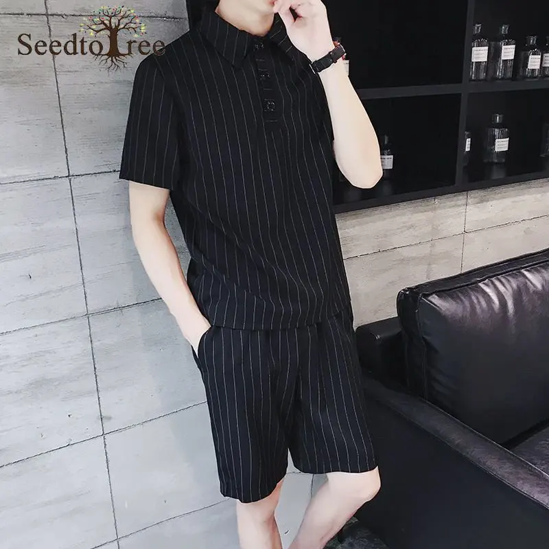 Summer Men's Set Casual Stripe Turndown Collar Short Sleeved T-shirt Elastic Waist  Shorts Two Piece Suit