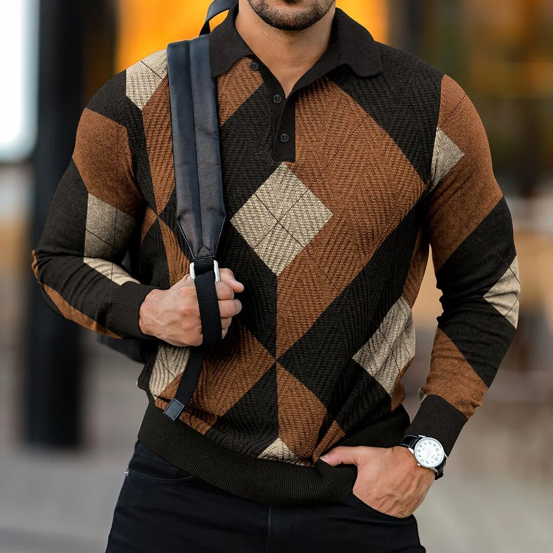 

2022 Spring Autumn New Men Polo Shirts Long Sleeves Casual Top Diamond Lattice 3d Printing Lapel Button Pullover Fashion T-shirt
