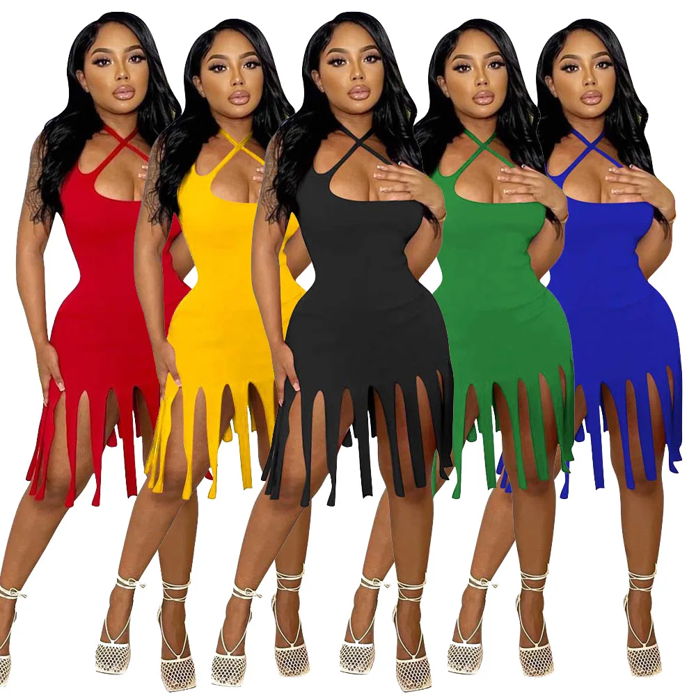 

Женское летнее платье с бахромой, мини-платье с лямкой на шее и перекрестной завязкой, уличная одежда, платья для женщин, платья для женщин, лето 2022