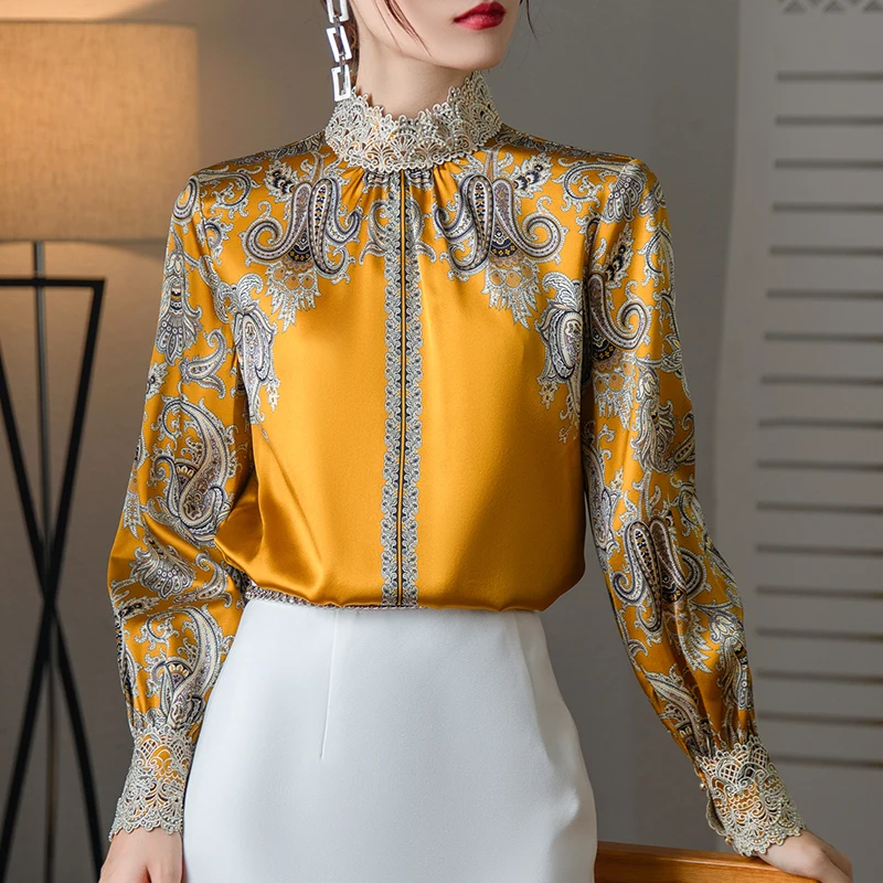 

Spring Autumn Women's Vintage Shirt Elegant Fashion Long Sleeve Woman Shirts Blouses Female Print Tops Real Silk Satin Blouse