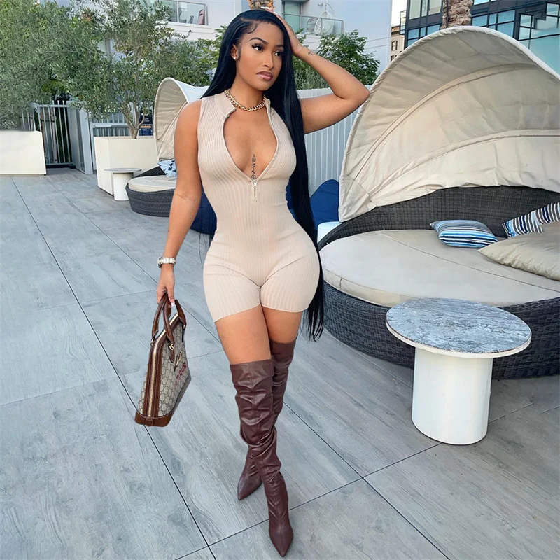 

Balogun Streetwear Bodycon Romper Womens Jumpsuits Sleeveless Rompers Playsuits Zipper One Piece Outfits Pink Jumpsuit Women2022