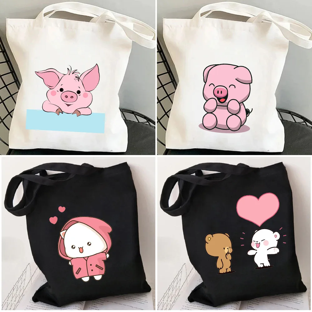 

Cute Animal Bear Pink Pig Cartoon Donut Heart Women Aesthetic Shopper Bag Girl Handbags Totes Shoulder Lady Canvas Shopping Bags