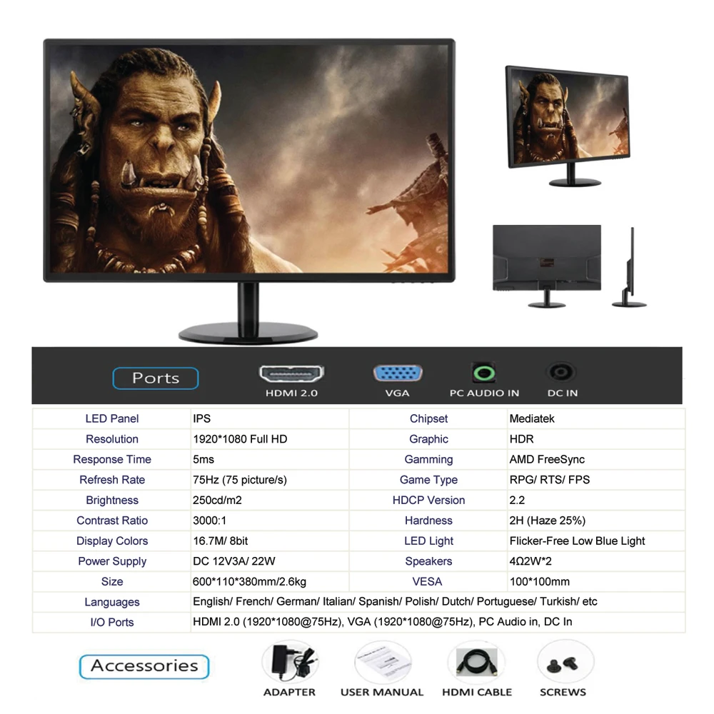 Монитор для ПК Kondoon 24 дюйма 1080 75 Гц IPS FHD 178 ° | Компьютеры и офис