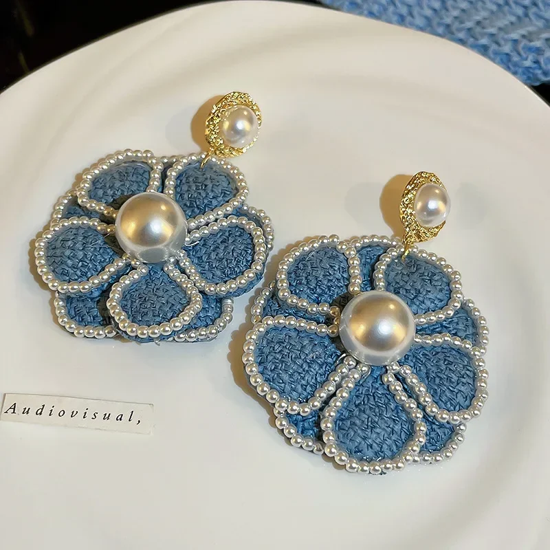Женские серьги с жемчугом и голубой розой уникальные новинка 2023 модные джинсовые
