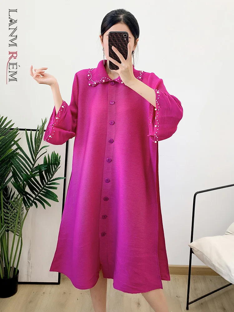 

LANMREM Pearl Spliced Pleated Dress Lapel Flare Sleeve Single Breasted Dresses Elegant Loose 2023 New Spring Clothing 2Q1153