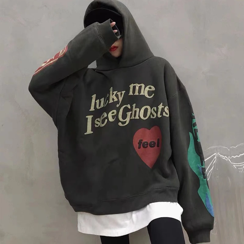 

Lucky Me I See Ghosts Hoodies Women Men Harajuku Graffiti Letter Printed Couple Hooded Sweatshirt Fleece Pullover Streetwear