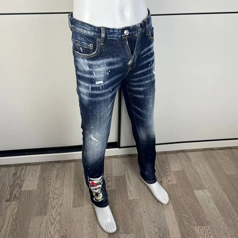 High Street Fashion Men Jeans Retro Blue Elastic Slim Fit Printed Ripped Jeans Men Brand Designer Hip Hop Denim Pants Hombre