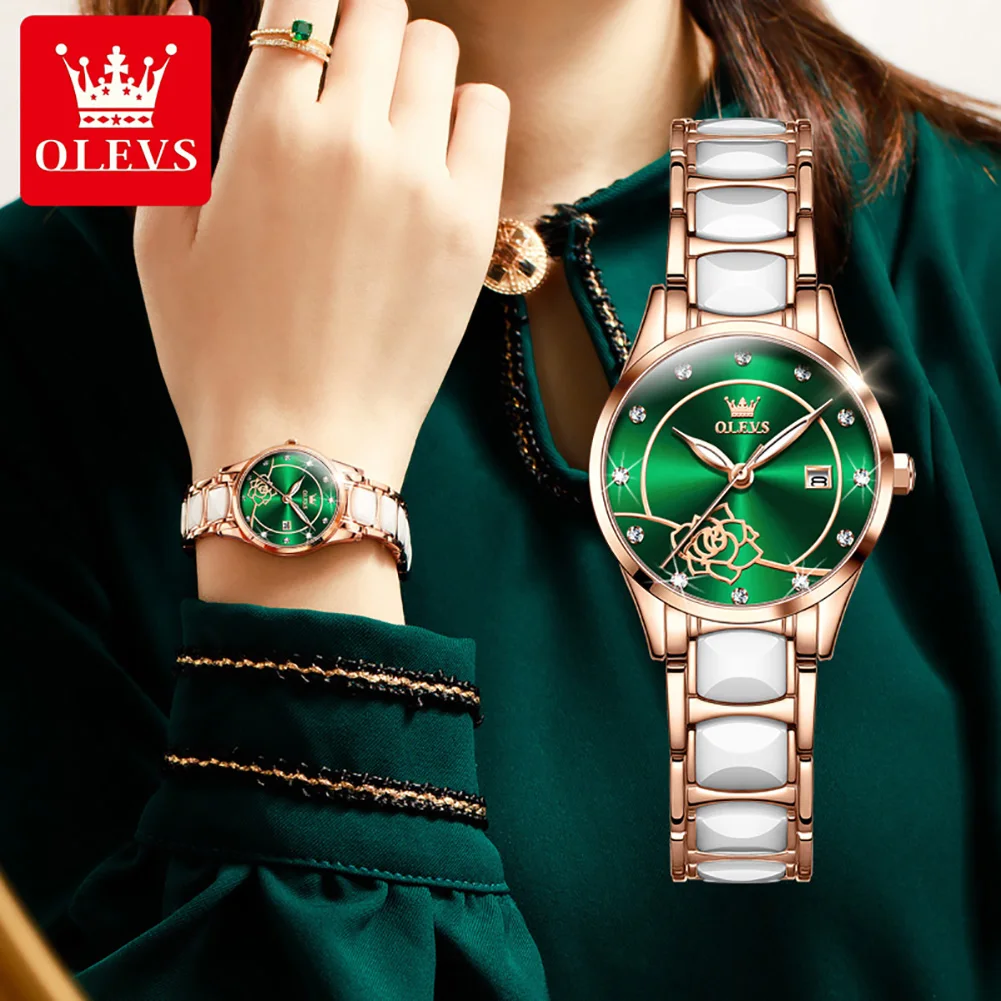 

OLEVS 2023 New Fashion Camellia Dial Quartz Womens Watches Simple Calendar Display Luminous Waterproof Casual Women Clock 3606