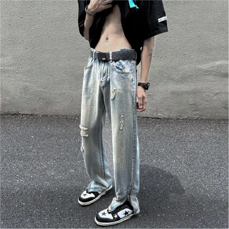 jeans for men Four Seasons Korean Fashion Half Zipper Split Trousers Hip Hop Straight Wide Leg Casual Pants  Blue Baggy Jeans