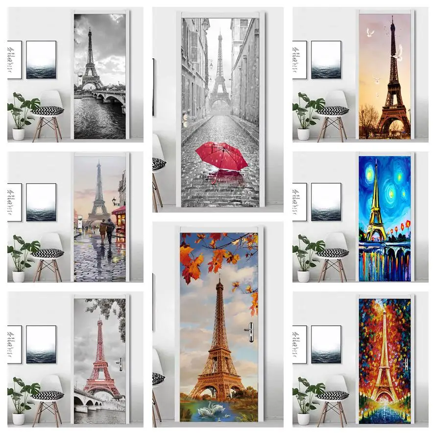 

Eiffel Tower Door Sticker 3D Wallpaper Self-Adhesive Door Vinyl Poster Custom Size Wall Decal Home Design Art Mural For Bedroom