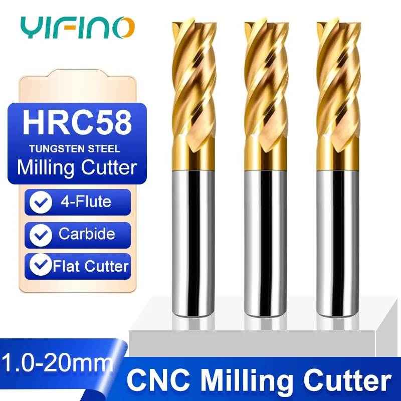 

YIFINO Alloy Coating Tungsten Steel Carbide 4-Flute Flat Milling Cutter HRC58 CNC Mechanical Machining Special End Mill Tools