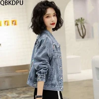 spring and autumn short paragraph embroidered jean jacket korean fashion denim cotton jacket loose casual ripped style denim