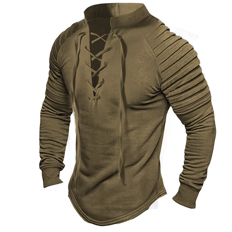 

Spring Men Long-Sleeved Shirt Vintage Stand-Up Collar Lace-Up Top Oversized Fit Pullover T shirts Male Casual Sweatshirts Blusas