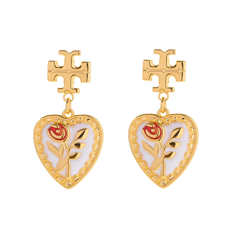 

Minar Ethnic White Color Enamel Red Rose Flower Drop Earrings for Women 14K Gold Plating Copper Shield Cross Heart Earring Gift