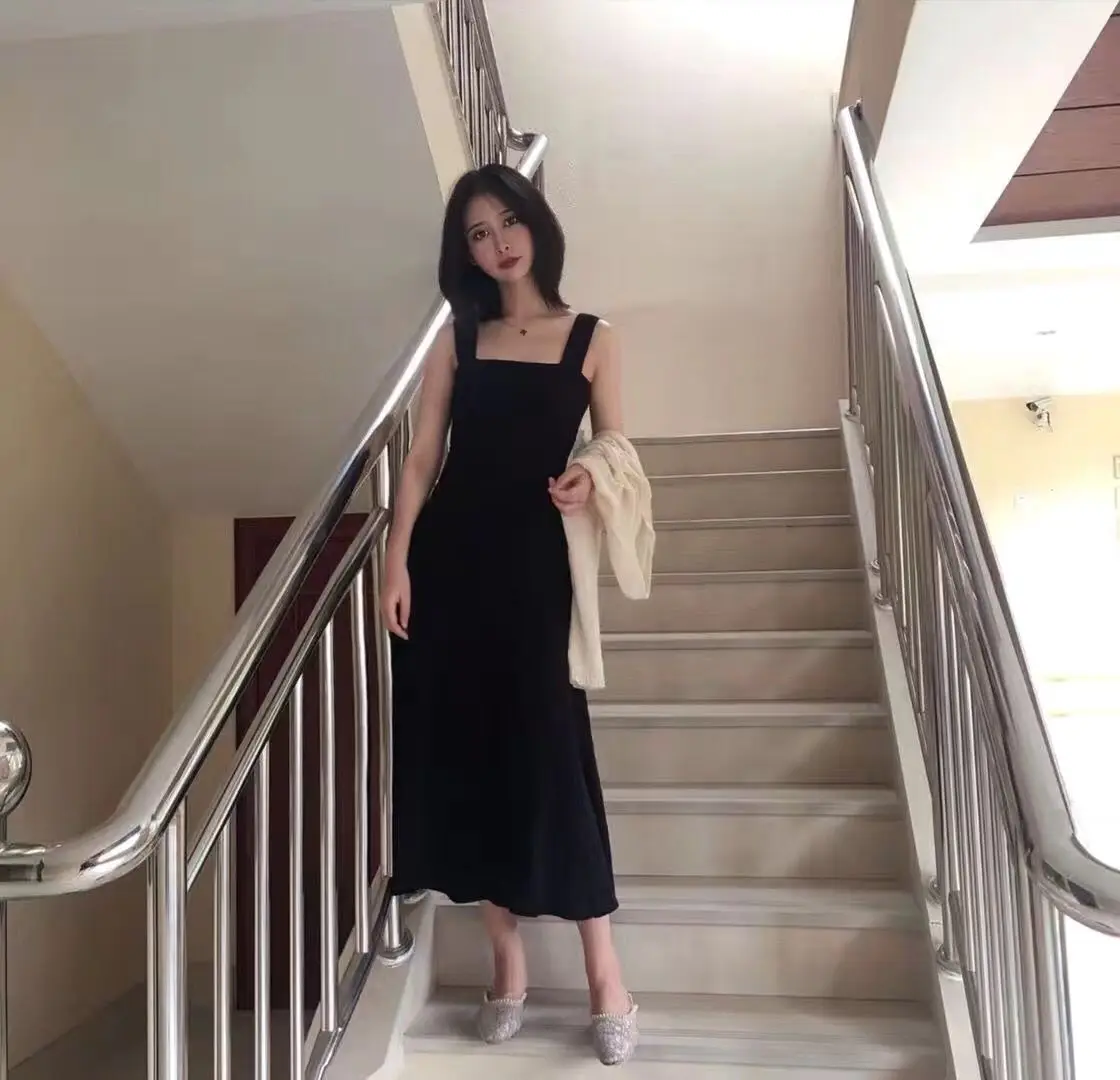 Spring and Autumn I-Shaped Collar Cami Dress Women Long Outer Wear Waist Hugging Slimming A Word Knitted Base Sweater |