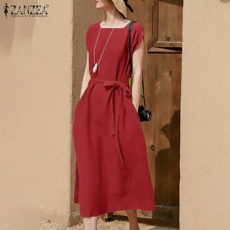

Элегантный женский сарафан ZANZEA без рукавов с квадратным вырезом, однотонное летнее платье миди с поясом и Боковым Разрезом, кафтан, праздни...