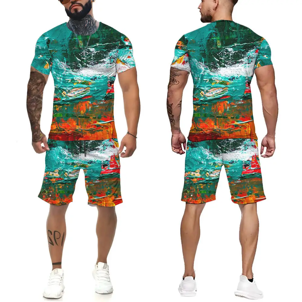 

Комплект из футболки и шортов для мужчин, летняя дышащая Повседневная футболка, комплект для бега, модный мужской спортивный костюм с принт...