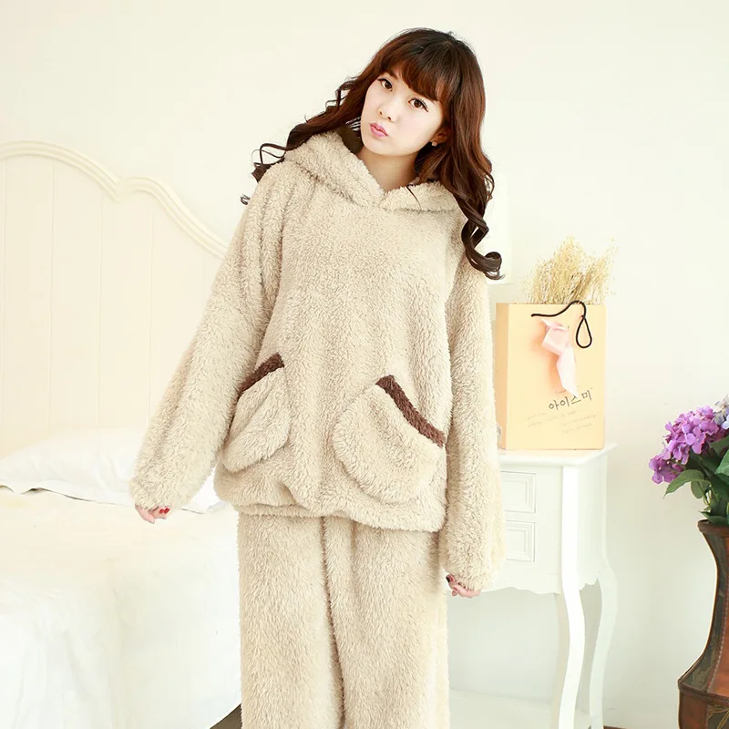 Ladies Pajama Sets Cute Style Nightgown Thicken Autumn And Winter Keep Warm Hoodie Pocket Hem Tightening Design
