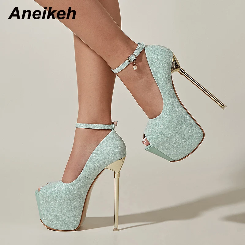 

Aneikeh Ladies Shoes Sequined Cloth Platform Peep Toe Pumps NEW Spring/Autumn Super High Thin Heels Party Classics Buckle Strap