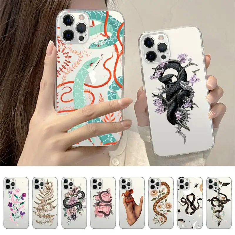 

Hand Snake Flower Snake Painting Phone Case For iPhone 14 13 12 11 Pro Max Mini X Xs XR 6 7 8 Plus SE 2020 Transparent Case