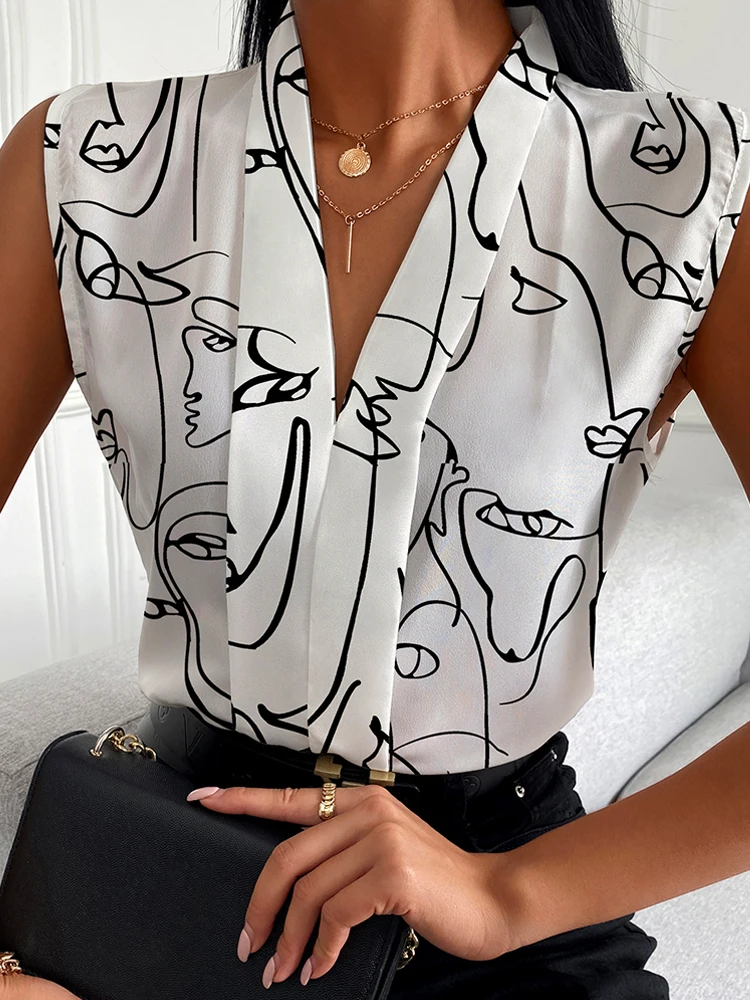 

Women Summer Fashion Top pullover Nespaper Print V Neck T Shirt Elegant Office Lady Vintage Sleeveless Shirts Casual Blouse Tops