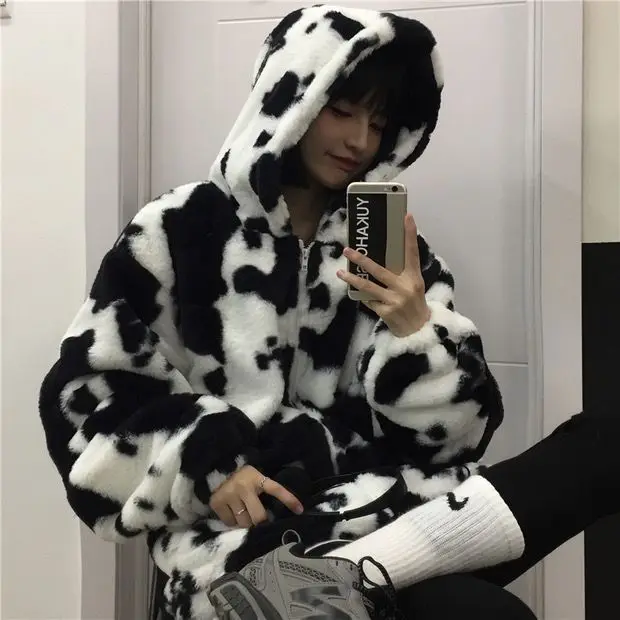 Hoodies Zipper Women Winter Furry Cows Pattern Hooded Coat Women's Loose Top Cotton-Padded Coat Hoodies Sweatshirts Tops Men