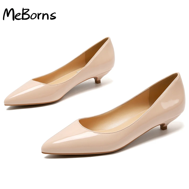 

Genuine Leather Pumps Women Low High Heels White Nude Color Pointed Toe Work Pointed Toe Office Dress Shoes Mules