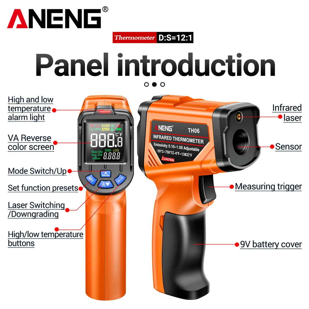 ANENG TH06 Инфракрасный Термометр Промышленный Ручной Детектор С Подсветкой Дисплей