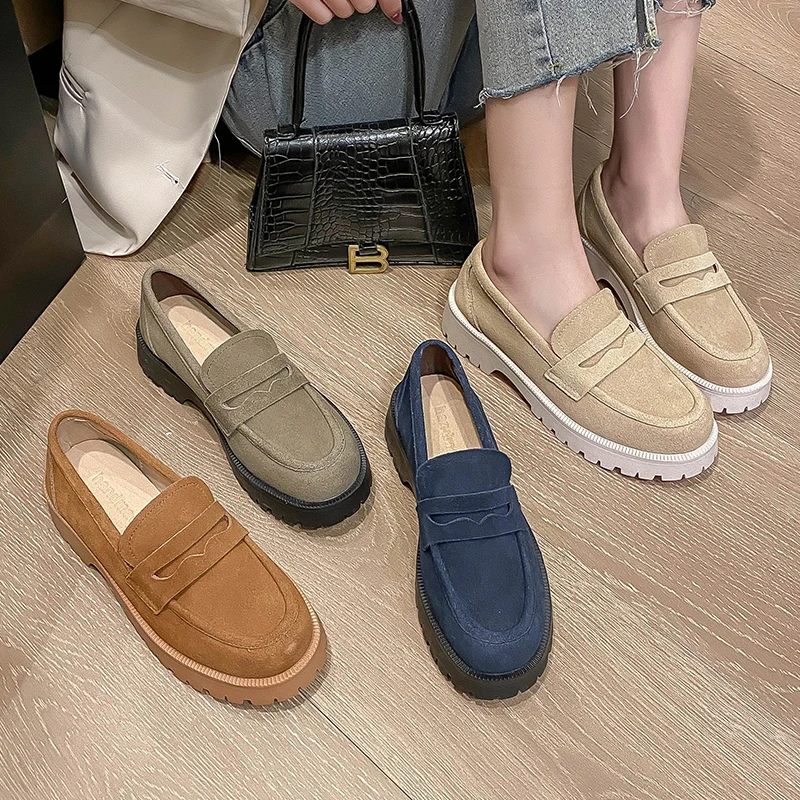 Spring And Autumn Loafers Women 2023 New Comfortable Casual Cowhide British Style Women's Shoes Thick Heel Thick Sole Retro