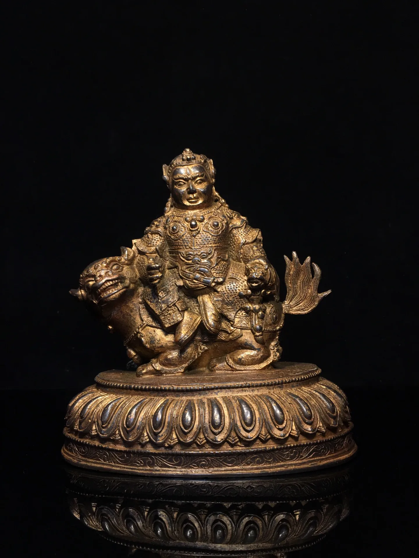 

9"Tibet Temple Collection Old Bronze Cinnabar Lacquer Black Jambhala Vaisravana Sitting Buddha Worship Hall Town house