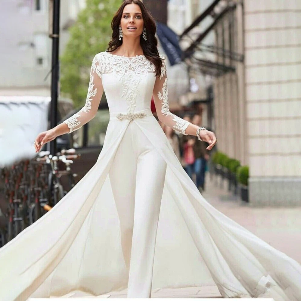 Modest Long Sheer Sleeves Lace Wedding Bridal Jumpsuit Custom Made Detachable Skirt Train Boat Neck Muslim Satin Bridal Gowns