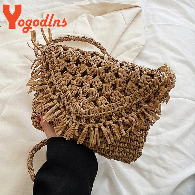 Соломенная Сумка Yogodlns с кисточками для женщин Пляжная плетеная маленькая сумка