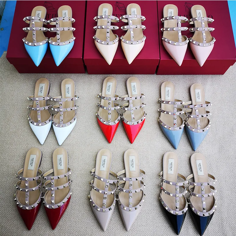 Women's Sandals Summer 2023 Luxury Brand Pointed Toe Slippers Fashion Patent Leather Their Flat Shoes Elegant Women Shoes