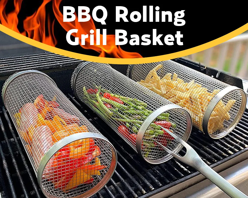 

New Rolling Grilling BBQ Basket Stainless Steel Leakproof Mesh Barbecue Rack Outdoor Picnic Camping Simple Cylindrical BBQ Grill