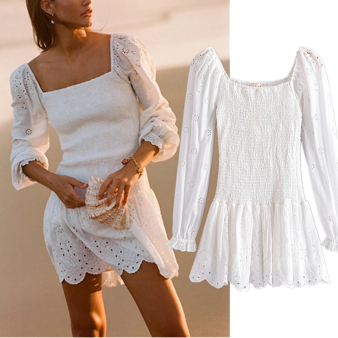 

Maxdutti 2023 French Style Indie Folk Vintage Embroidery Square Collar Sheath Sexy Party Summer Pure White Mini Dress Women