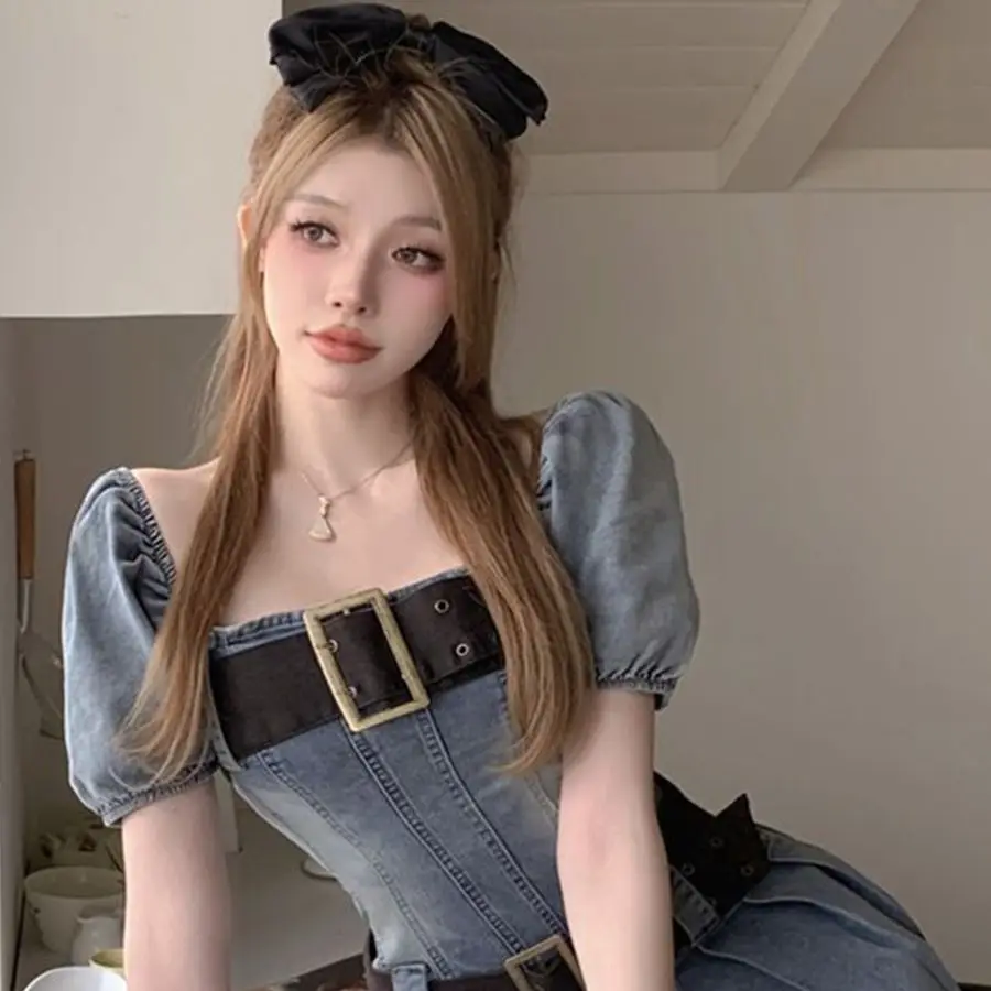 

Sweet Spicy Girl Off Shoulder Denim Dress Summer Large Waist Fold