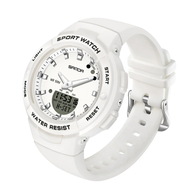 SANDA 6005 New Luxury White Fashion Sport Women's Watch Military Waterproof Multifunctional LED Digital Quartz Feminino