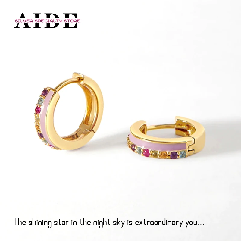 

AIDE New Fashion S925 Silver Diamond Enamel Green Huggie Earrings For Women Piercing Hoop Earring Buckle Jewelry Aretes Joyero